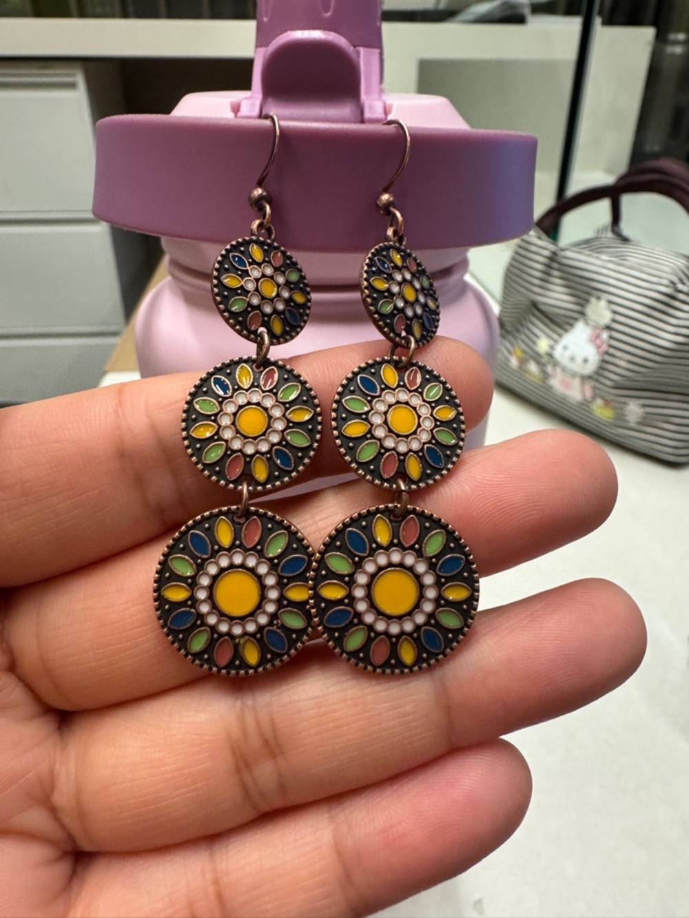Multi-Color Floral Drop Earrings - Yellow Center - Picture 4 of 6